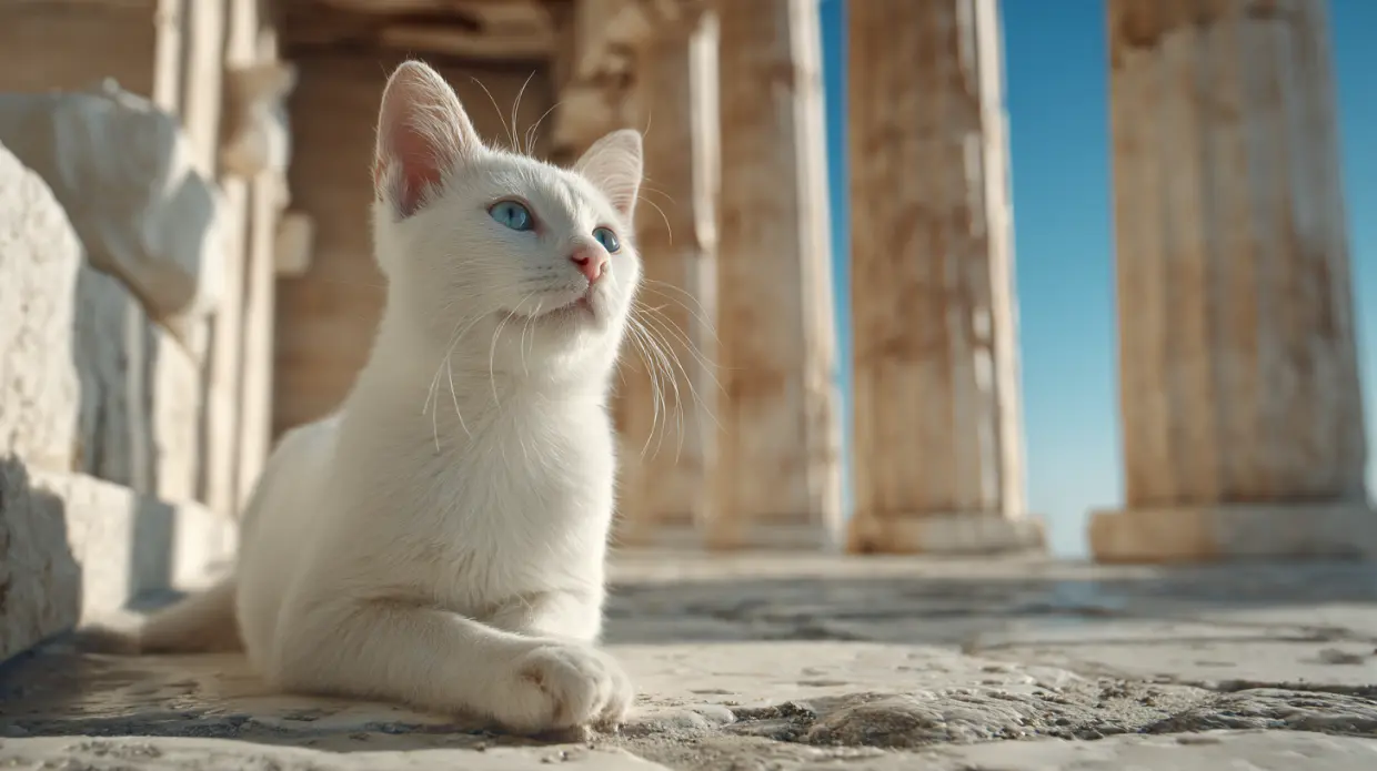 gattino bianco davanti ad'un tempio greco