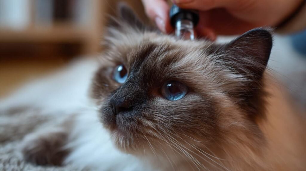 Come eliminare le pulci dal gatto: trattamenti e prodotti efficaci 2 applicazione del trattamento antipulci su gatto di razza ragdoll