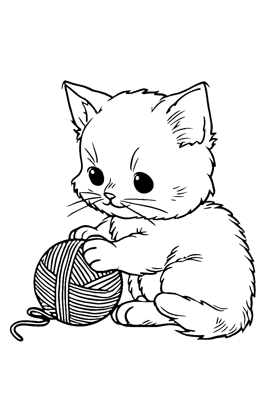 disegno da colorare di gattino che studia il suo gomitolo di lana