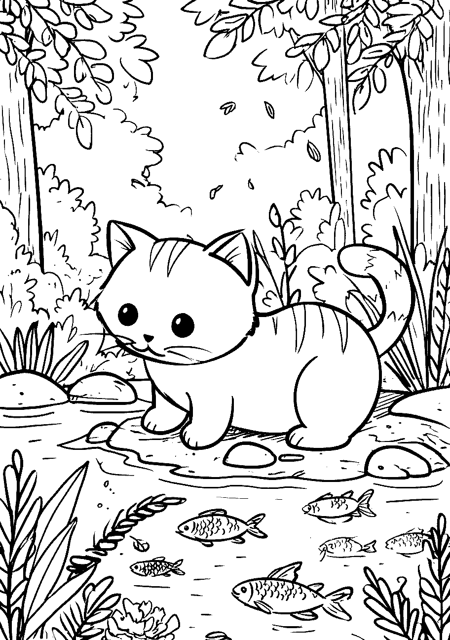 disegno da colorare di un gatto pafuto che guarda i pesci nuotare nel lago