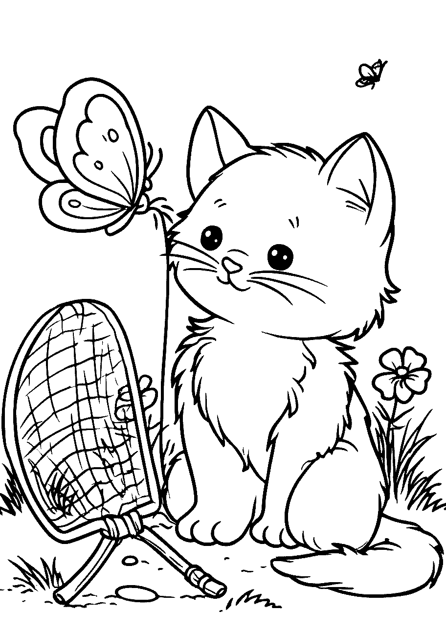disegno da colorare di gattina con rete a cascia di farfalle