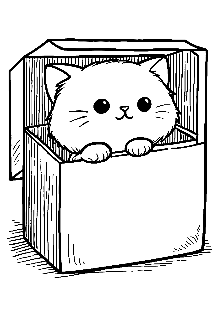 disegno da colorare di gattina che si nasconde dentro una scatola