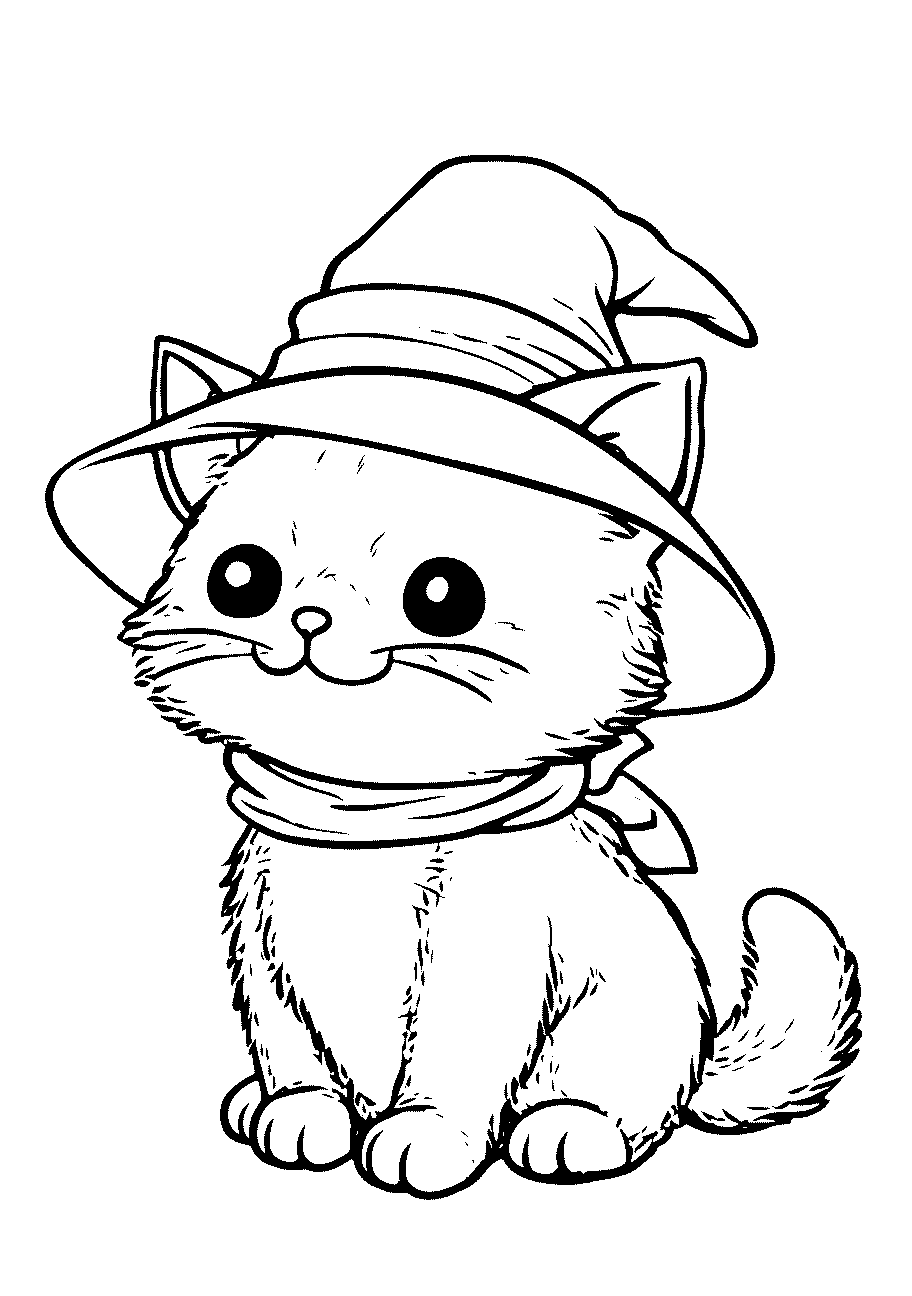 disegno da colorare di gattina con cappelo da strega