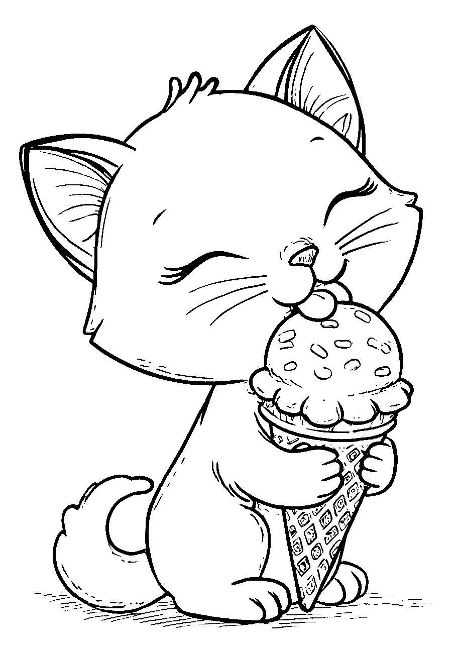 disegno da colorare di gattina tenerissima mangia un buon gelato
