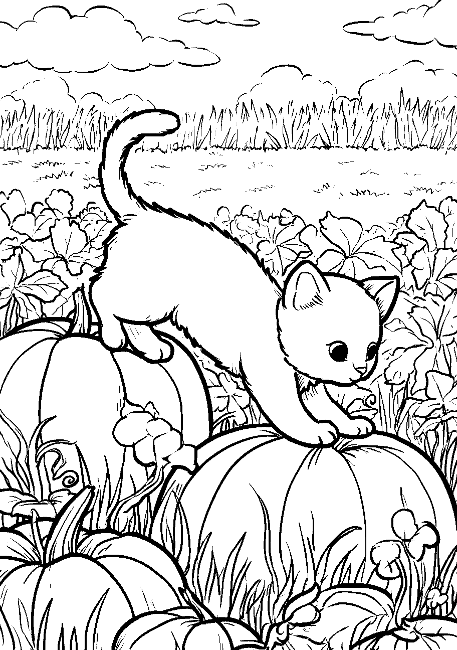 disegno da colorare di gattino che cammina su le zucche 