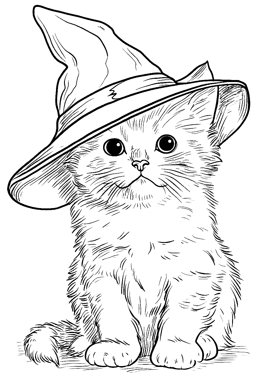 disegno da colorare di gatto con cappelo da stregone