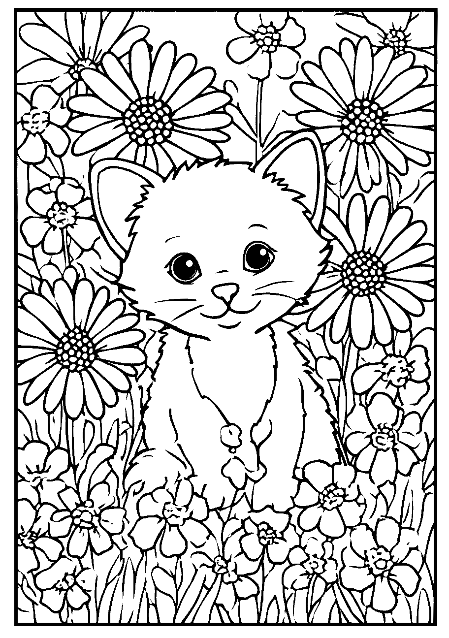disegno da colorare di da gattino in mezzo ai girasoli d'estate