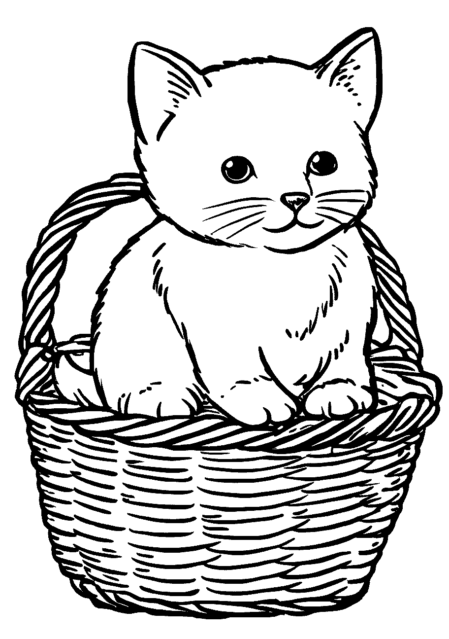 disegno da colorare di gattino dentro un paniere