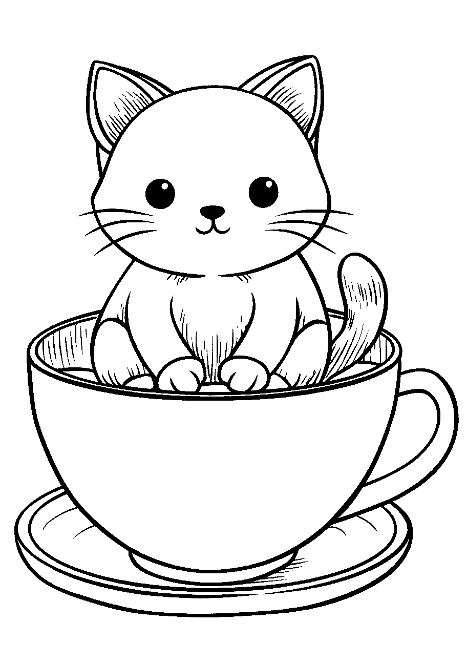 disegno da colorare di gattino buffo dentro una tazza