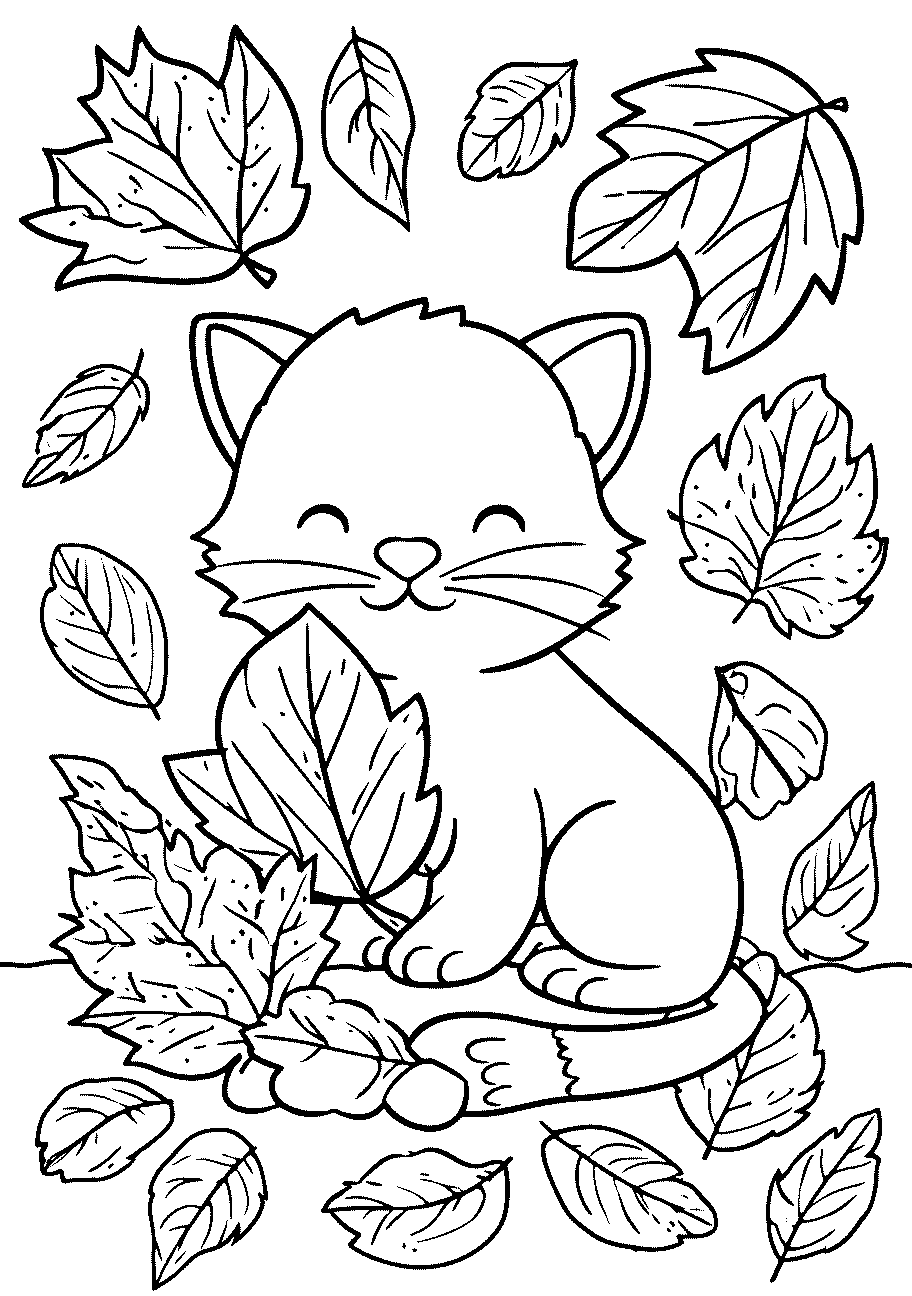 disegno da colorare di gatto che sembra soridente in autunno