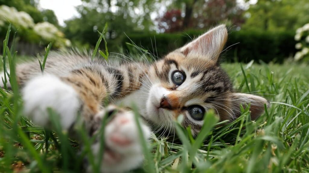 Come eliminare le pulci dal gatto: trattamenti e prodotti efficaci 7 gattino che gioca rotolando in giardino