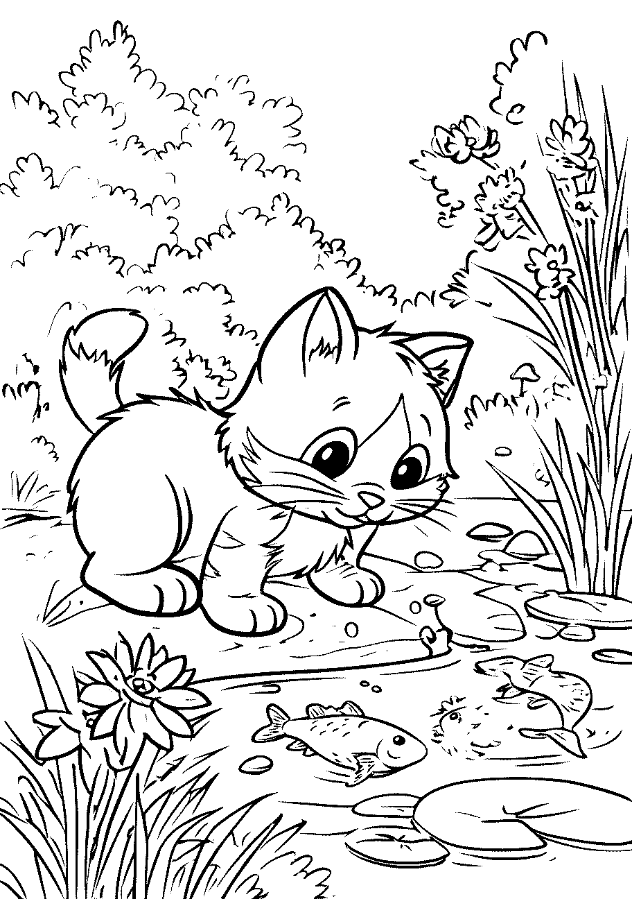 gattino da colorare, disegno di gatto curioso che guarda i pesci in bordo al lago