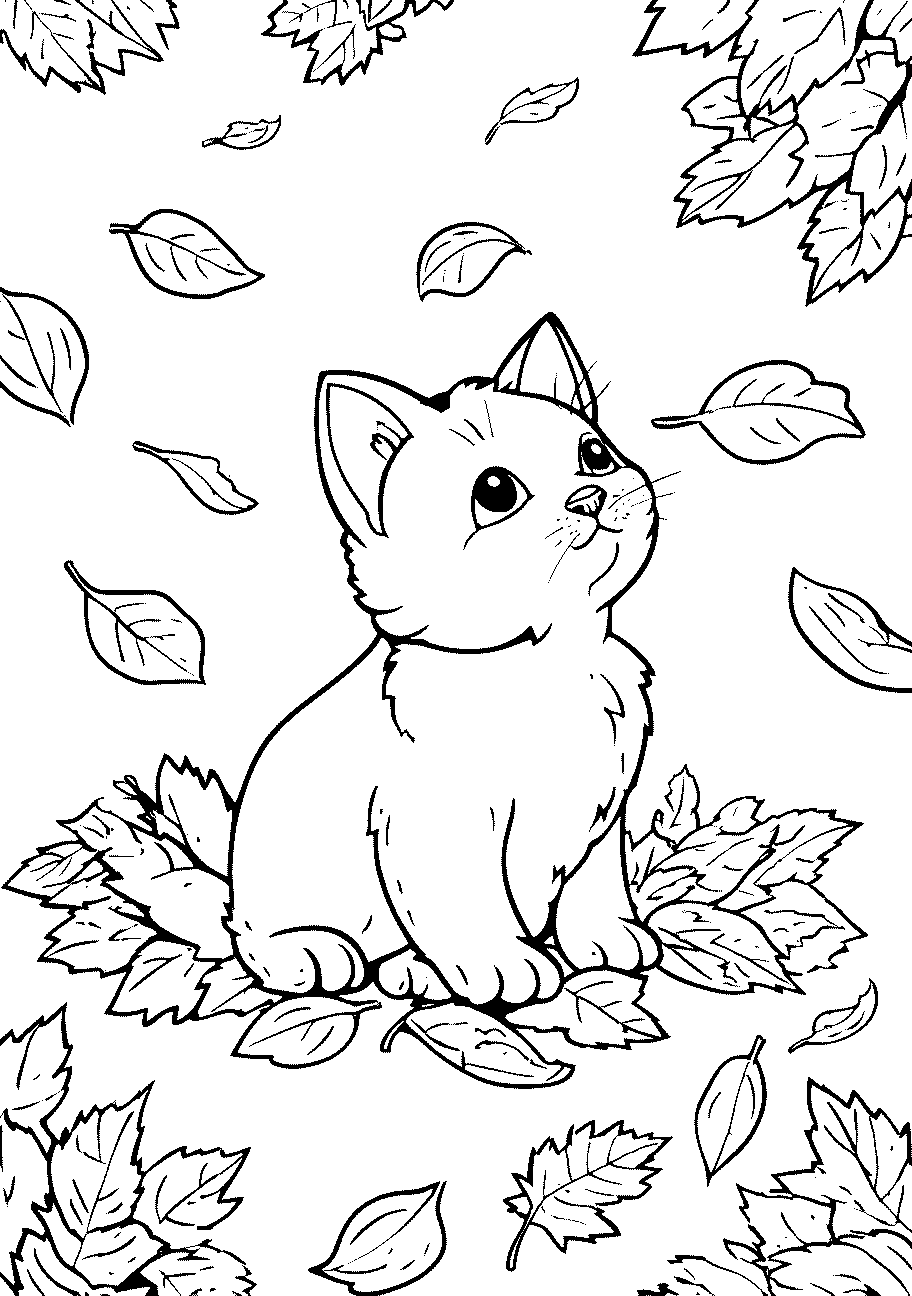 disegno da colorare di gattino in autunno, con le foglie che cadono