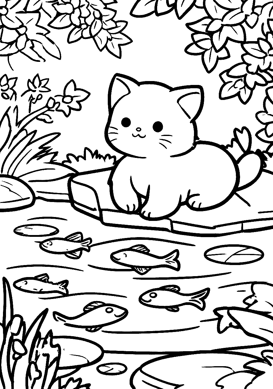 disegno da colorare di gatto divertito che guarda i pescolini