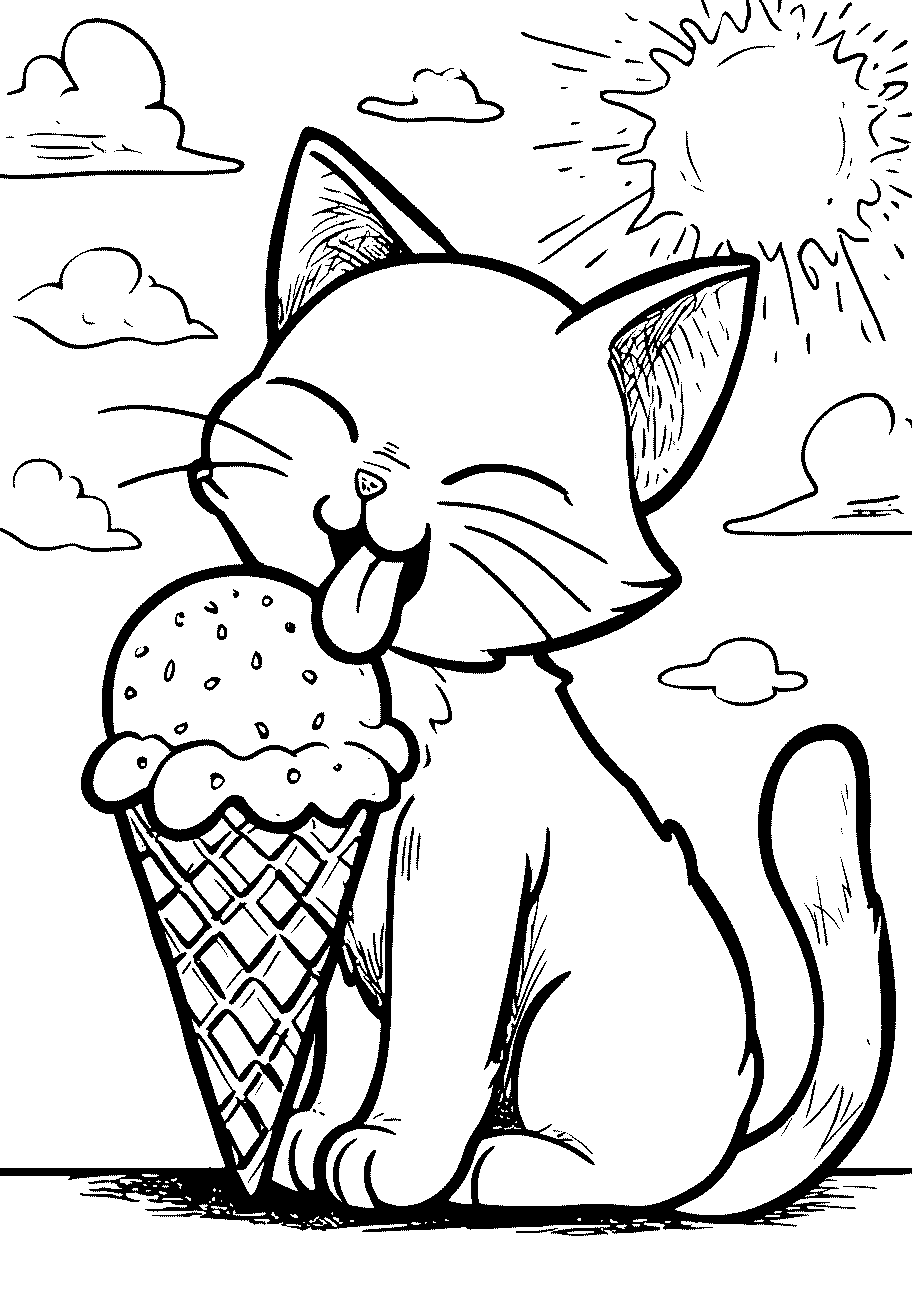 disegno da colorare di gattino che mangia un gelato