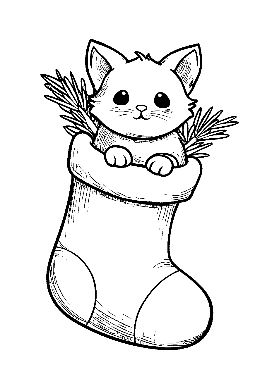 disegno da colorare di gatto natalizio, dentro una calza