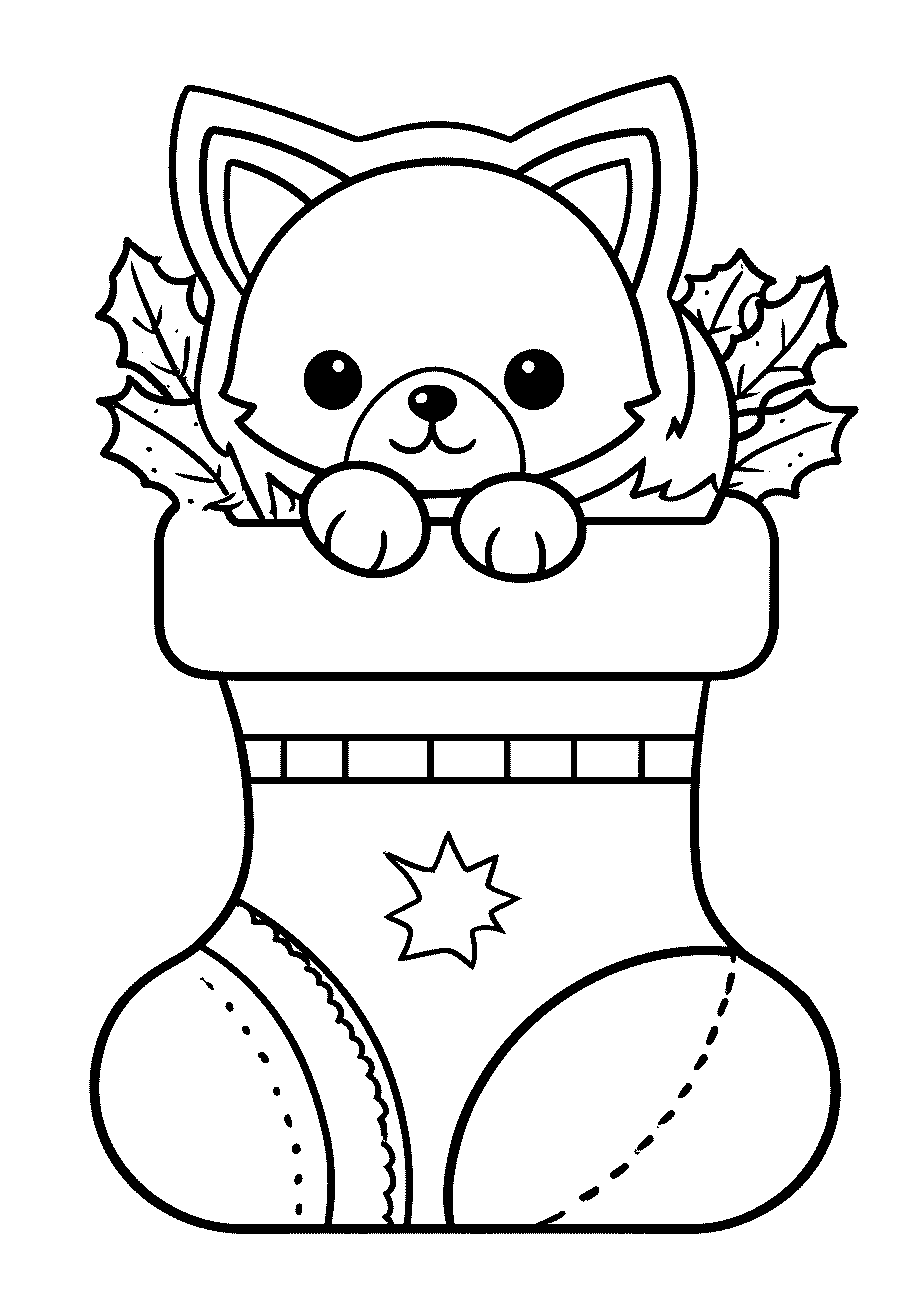 disegno da colorare di gattino di gattino natalizio dentro un calzino