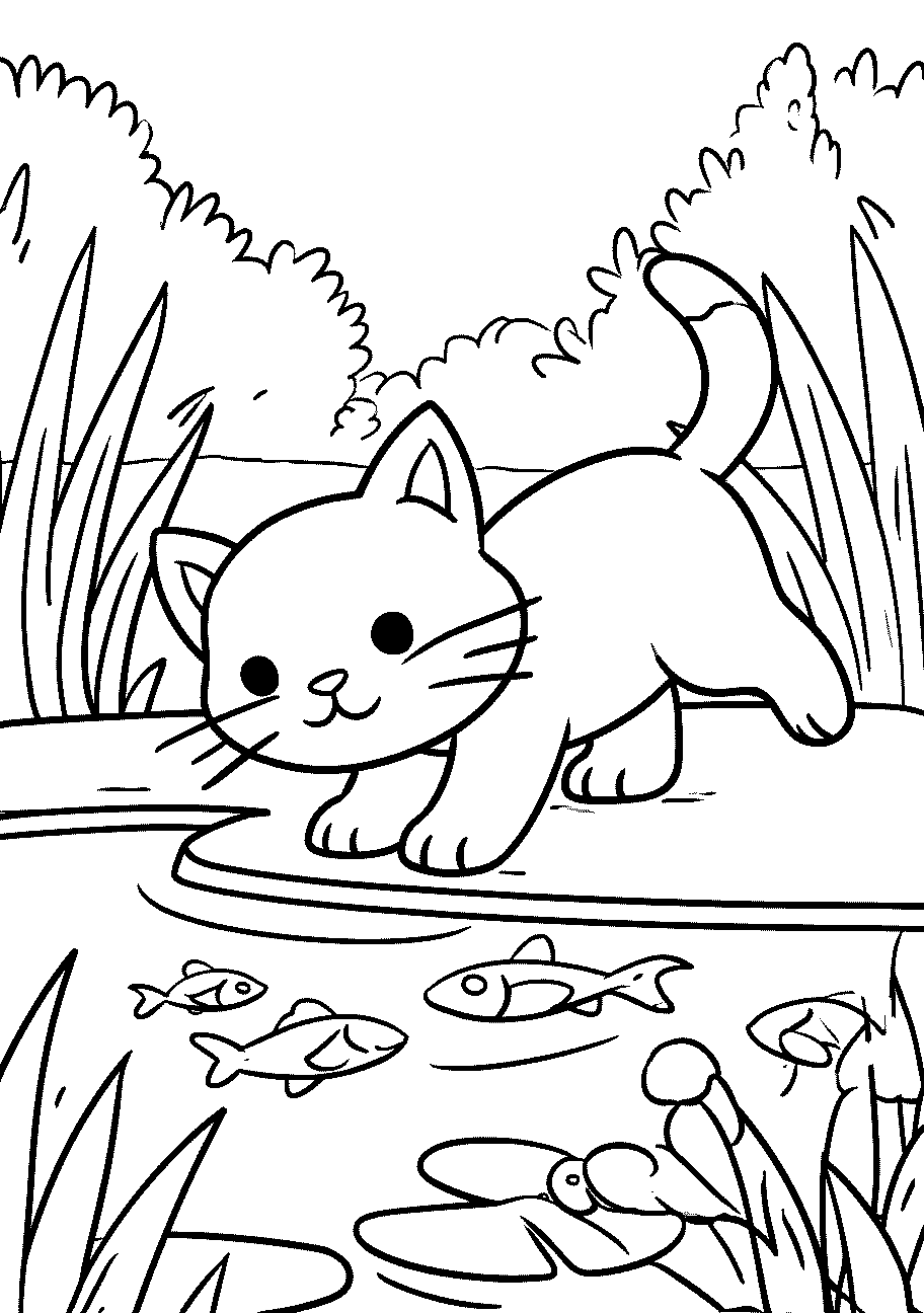 disegno da colorare di gattino che pesca in bordo al lago