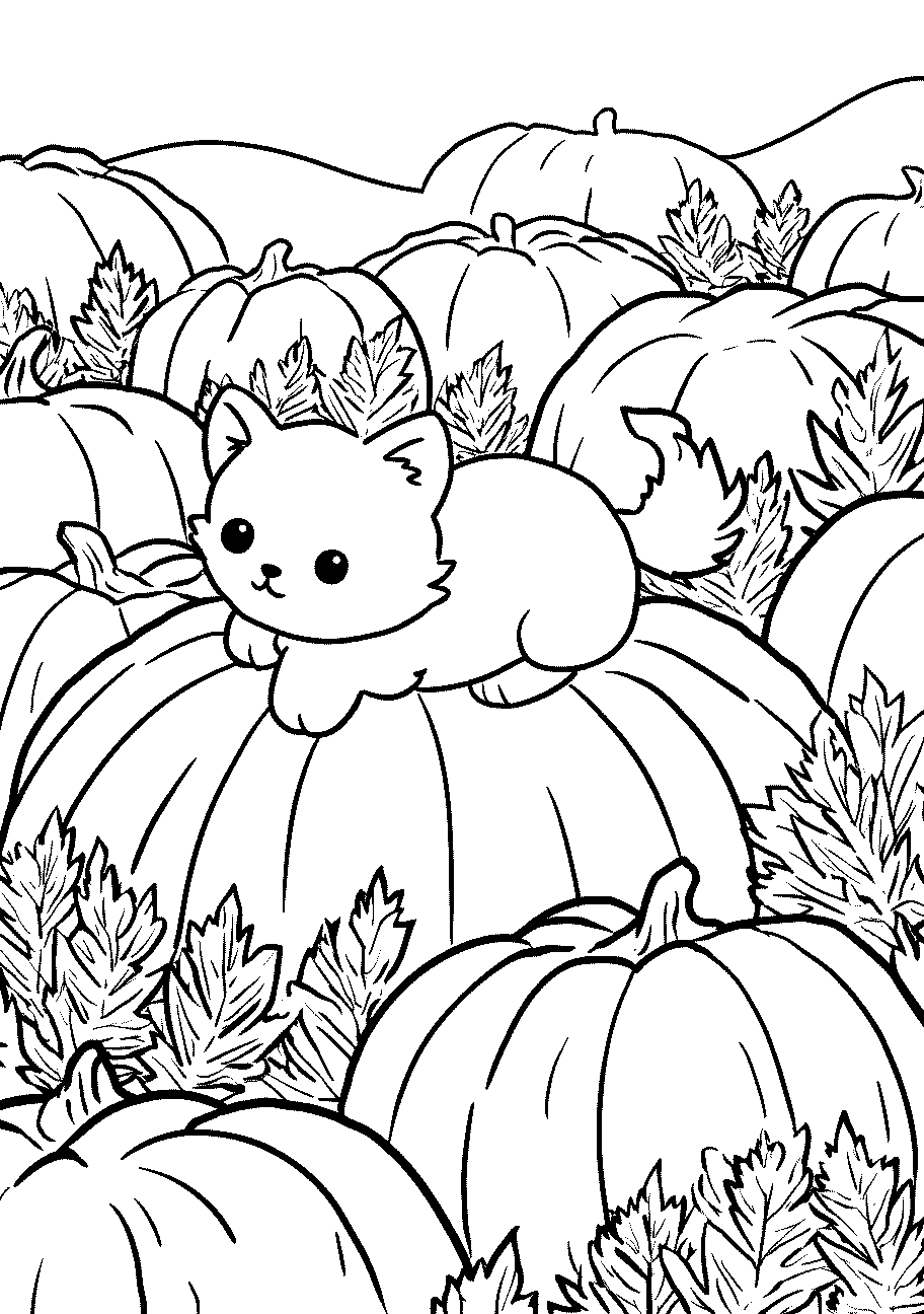 disegno da colorare di un gatto in mezzo alle zucche