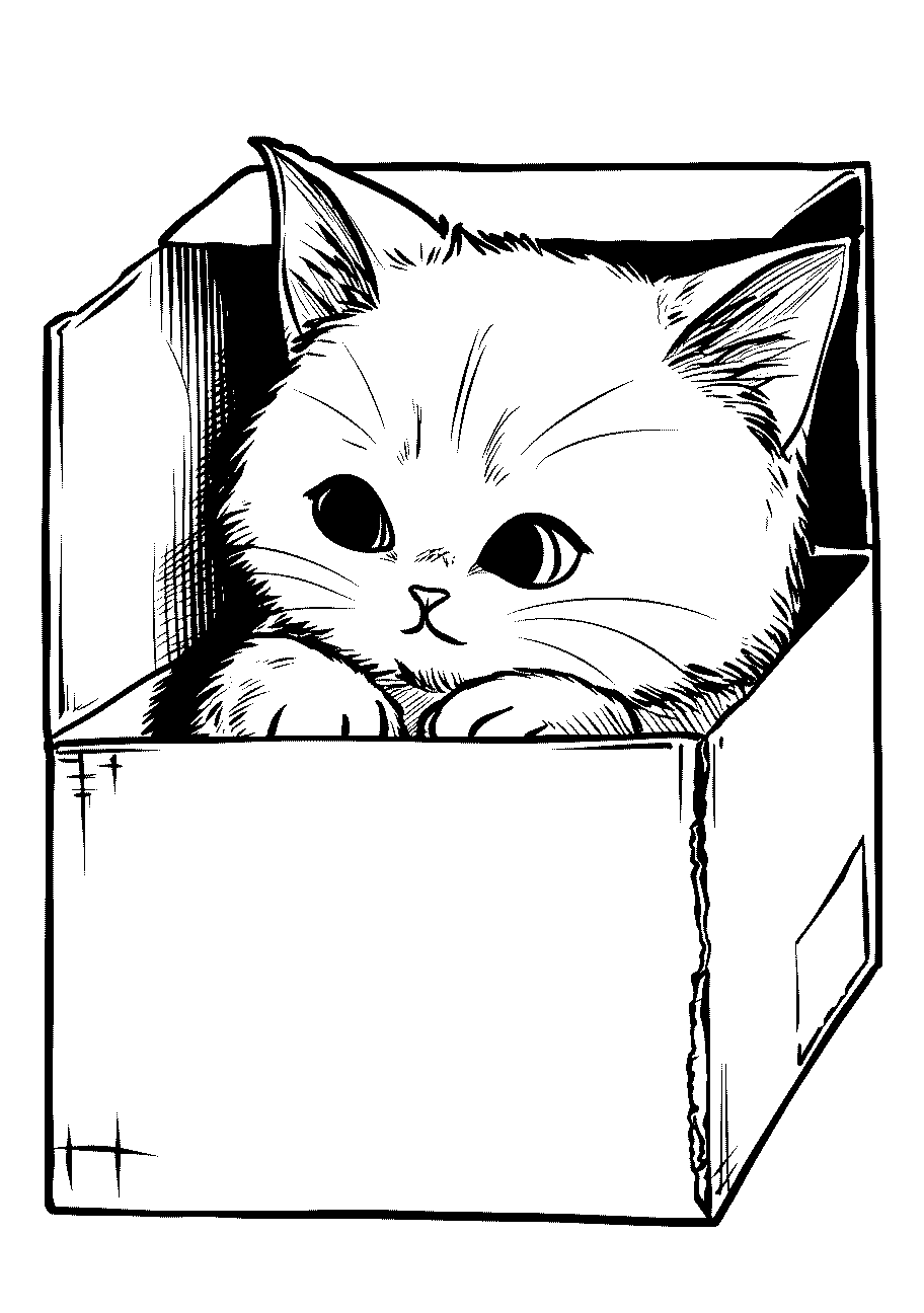 altro disegno da colorre di un gatto dentro una scatola di cartone
