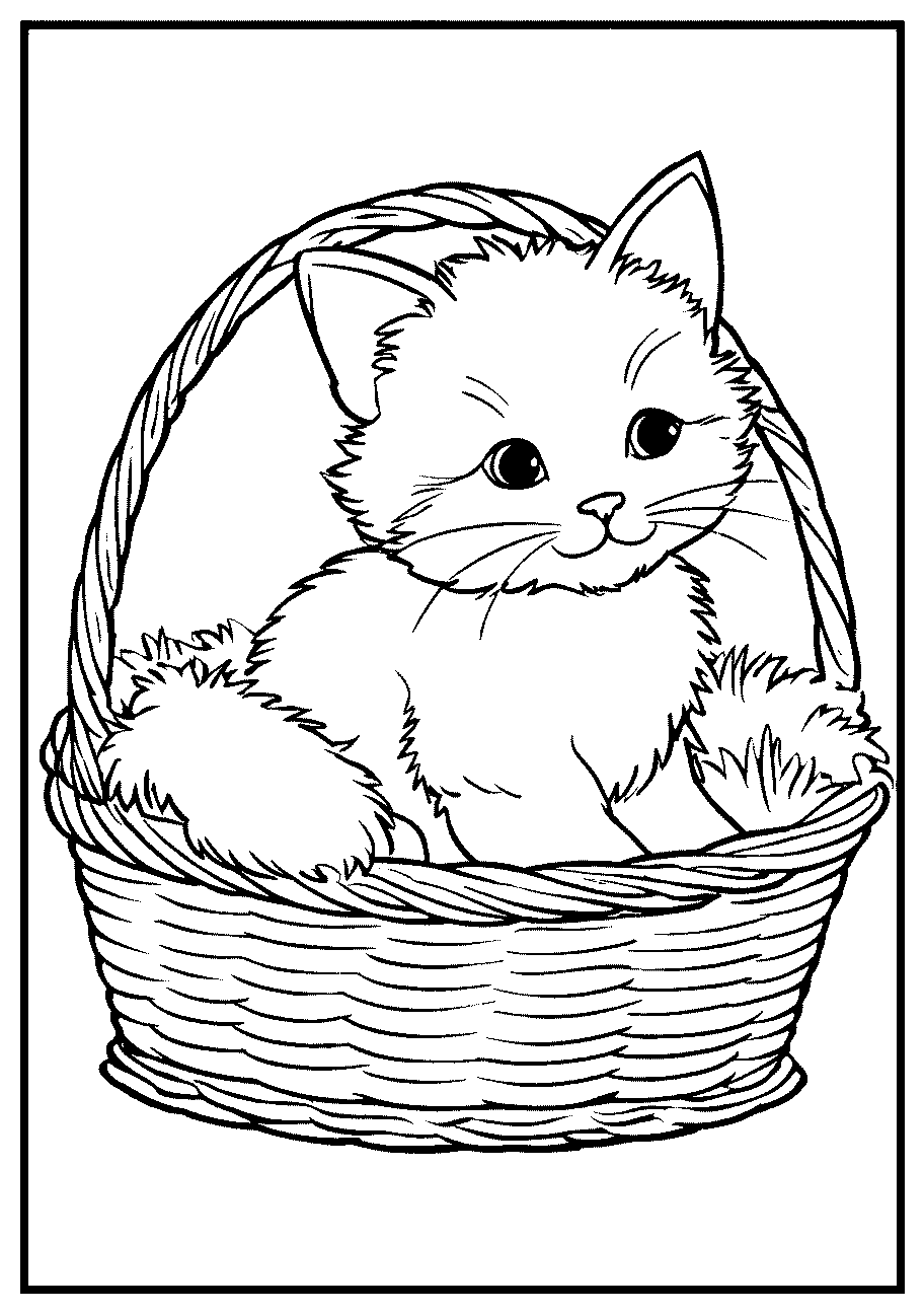 disegno da colorare di gattino seduto dentro un paniere