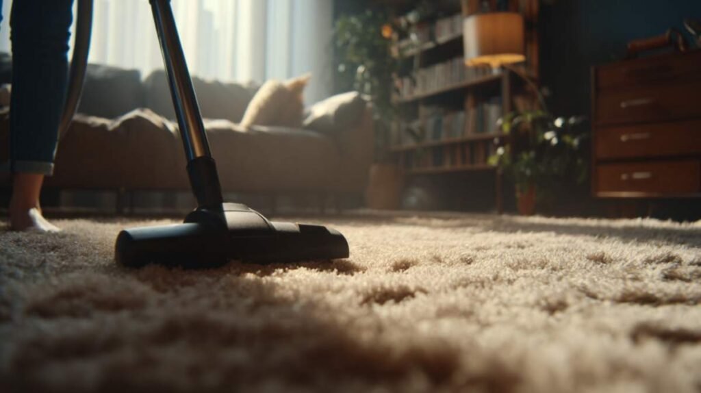 Come eliminare le pulci dal gatto: trattamenti e prodotti efficaci 5 qualcuno passa l'aspirapolvere sul tappeto bianco