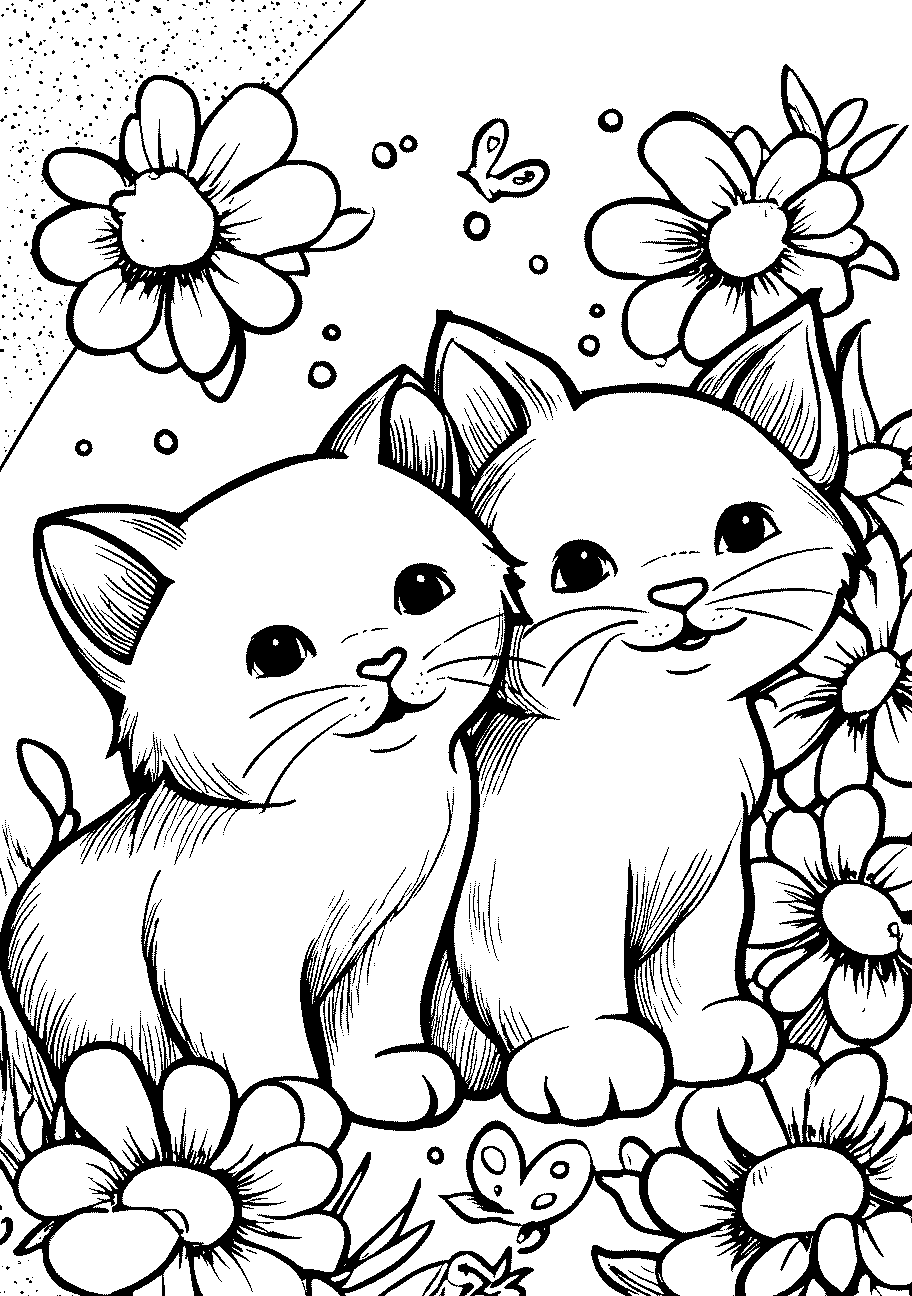 disegno da colorare di due gattine in mezzo ai fiori